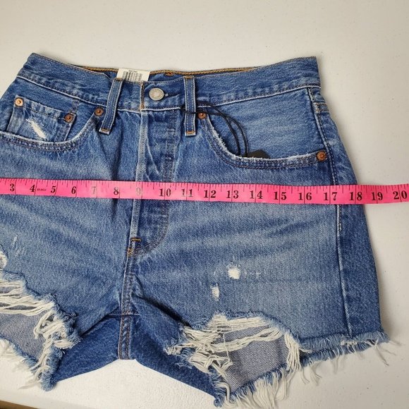 Levi’s Premium 501 High Rise Cutoff Jeans Shorts 26 Blue Distressed Button Fly - Picture 10 of 11